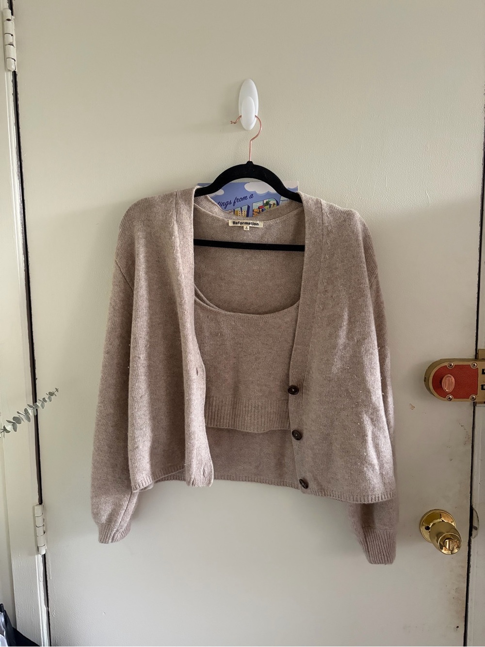 Beige Reformation Cashmere Two-Piece Cardigan & Tank Set - Size S